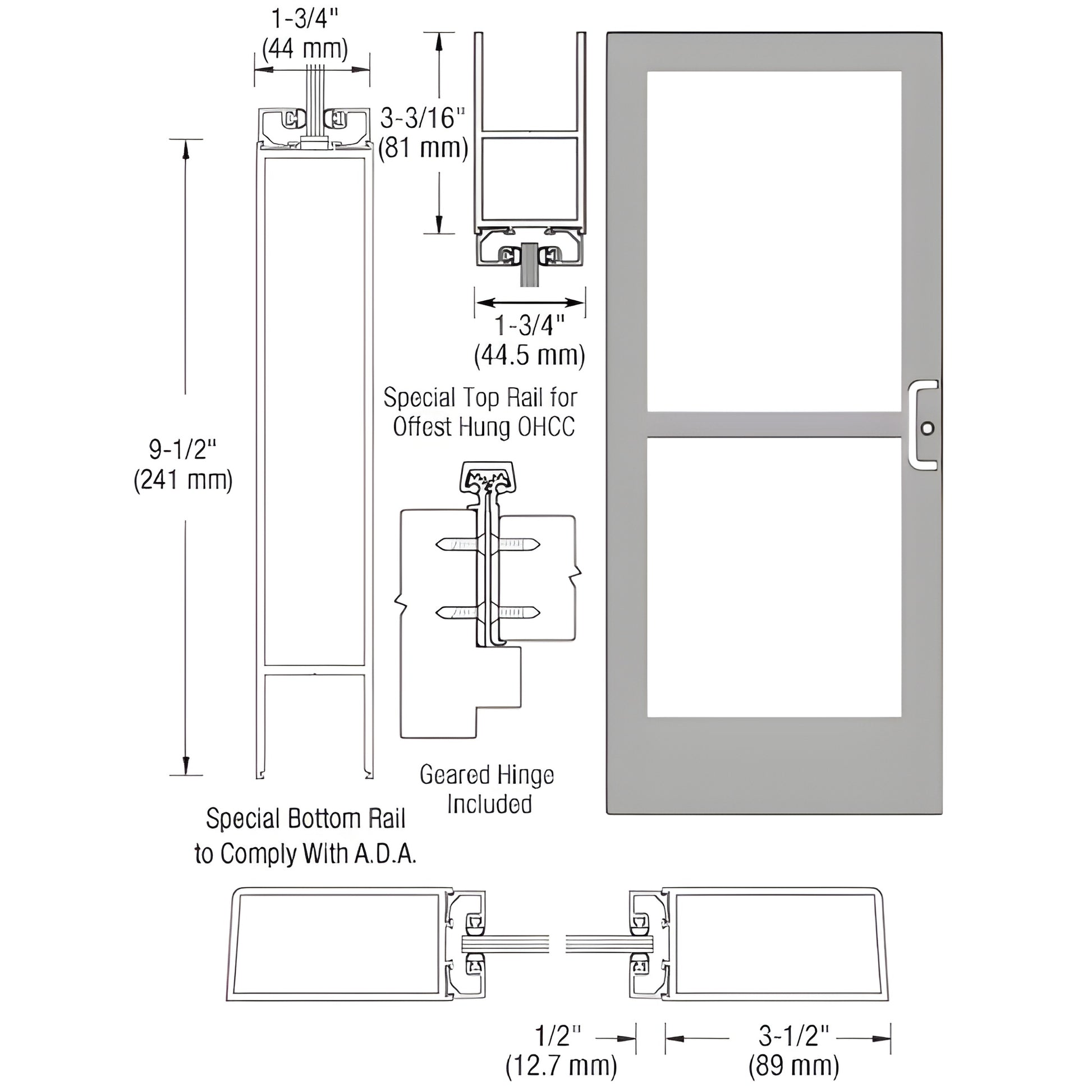 Medium stile commercial entrance door, Clear Anodized Class 1, 91 2" ADA bottom rail, concealed vertical rod panic hardware. SK