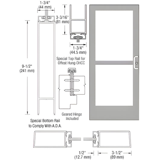 Medium stile commercial entrance door, Clear Anodized Class 1, 91 2" ADA bottom rail, concealed vertical rod panic hardware. SK