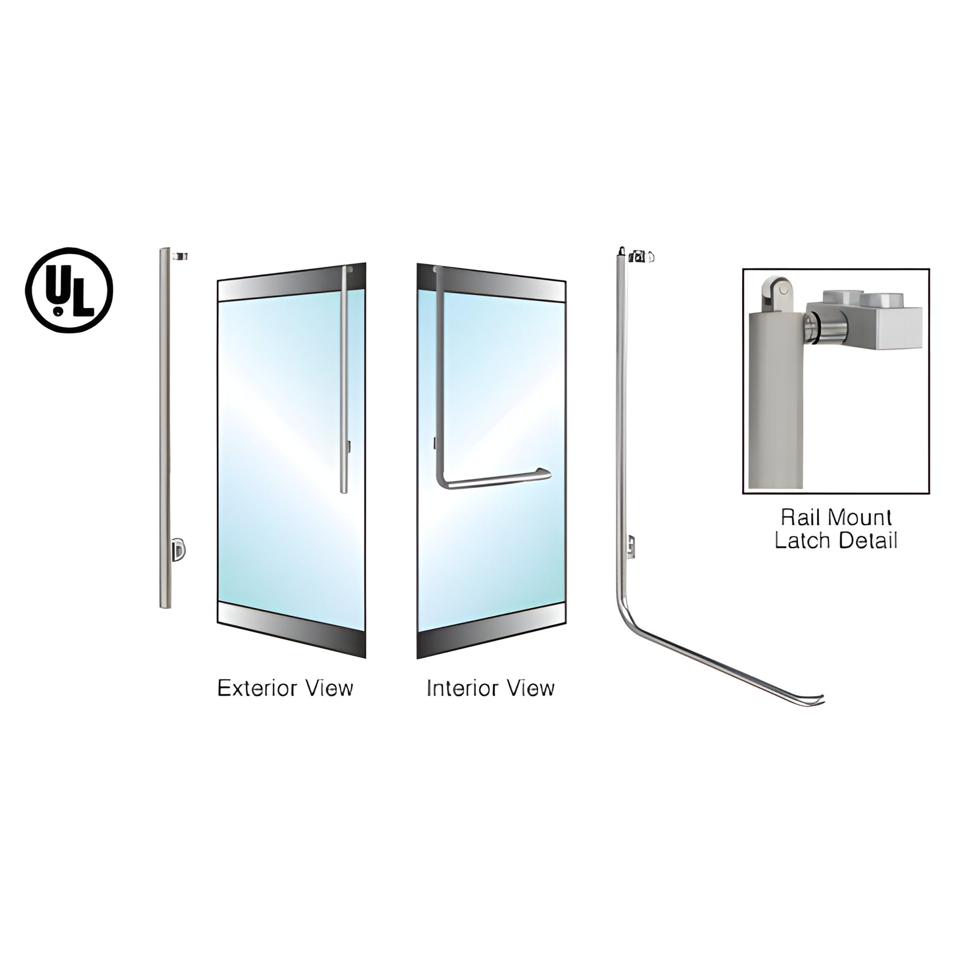 Brushed stainless tubular rail-mount panic/egress handle for 1/2-3/4" glass, 1-1/4" dia, left-hand reverse.