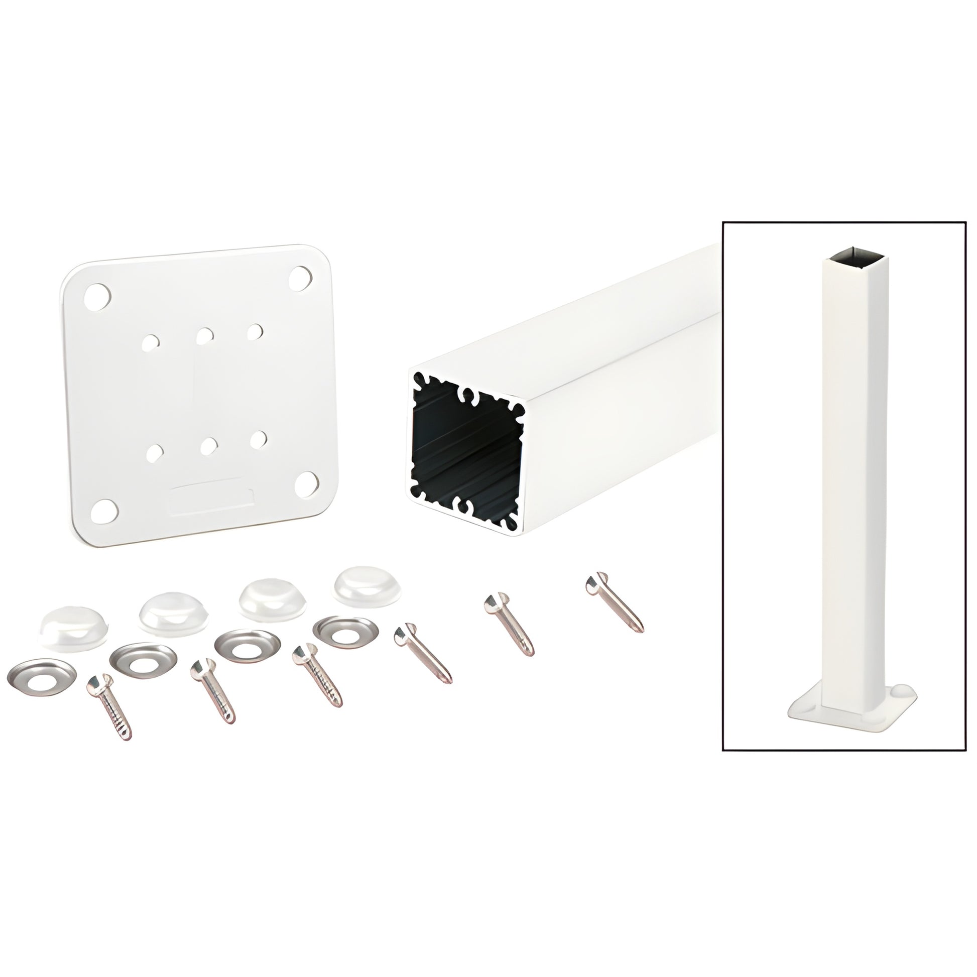36" sky-white aluminum 2-3/8" square surface-mount post kit with base plate, screws, washers and bolt-cover buttons - SKU P36