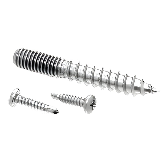 RSP1PS stainless steel screw pack: two self-drilling Phillips pan-head screws and one 3/8"-16 x 3" hanger bolt.