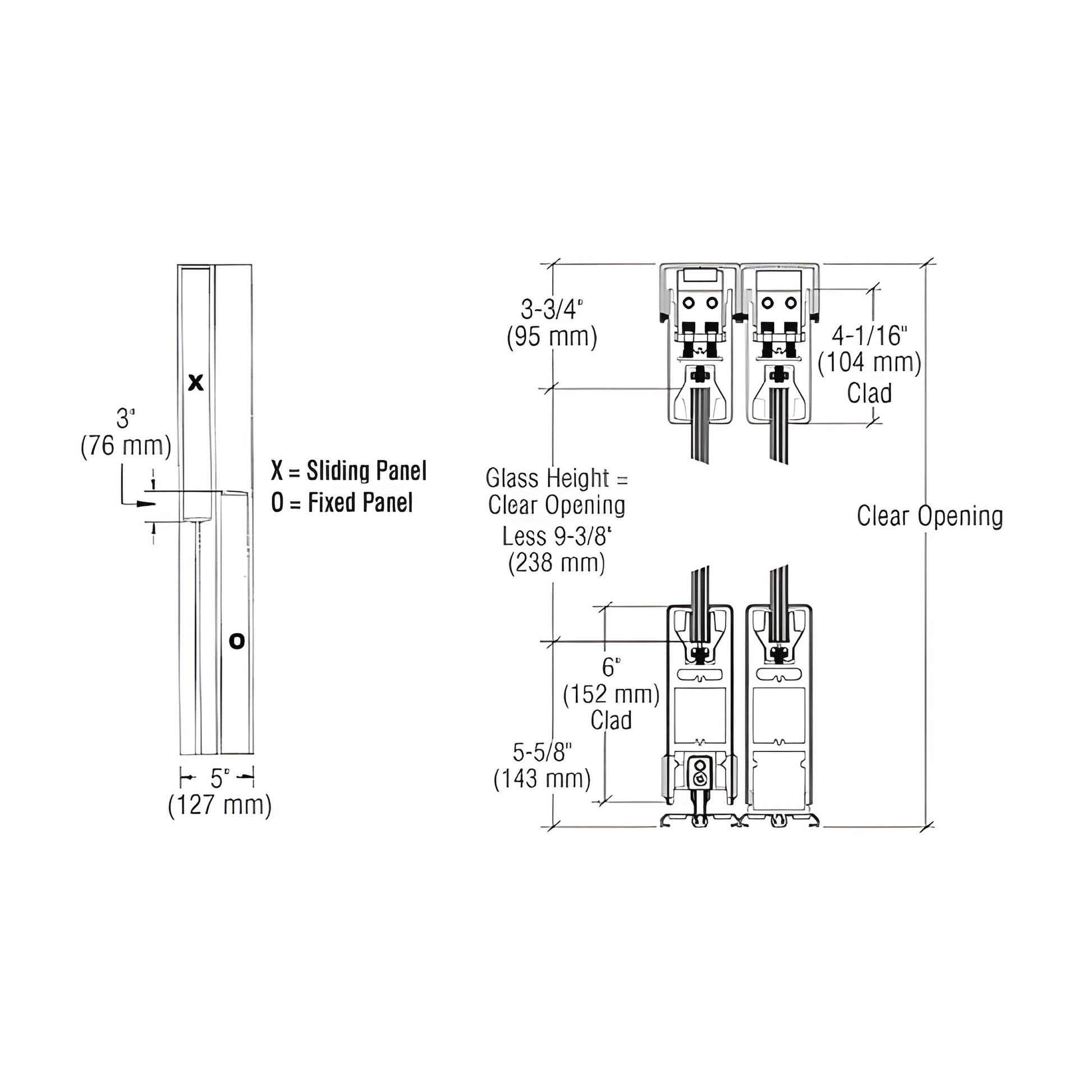 CRL SDR bottom-rolling 2-panel sliding door system (SKU 6SDR2CSA), satin anodized - technical diagram of rails, rollers and d