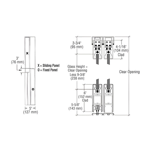 CRL SDR bottom-rolling 2-panel sliding door system (SKU 6SDR2CSA), satin anodized - technical diagram of rails, rollers and d