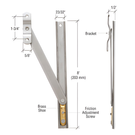 CRL stainless steel friction adjuster for casement windows, 8" bar with brass shoe and adjustment screw (SKU EP24051)