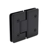 Matte black Cologne 180 glass-to-glass shower hinge, brass with beveled edges and rounded corners, fits 3/8-1/2" glass.