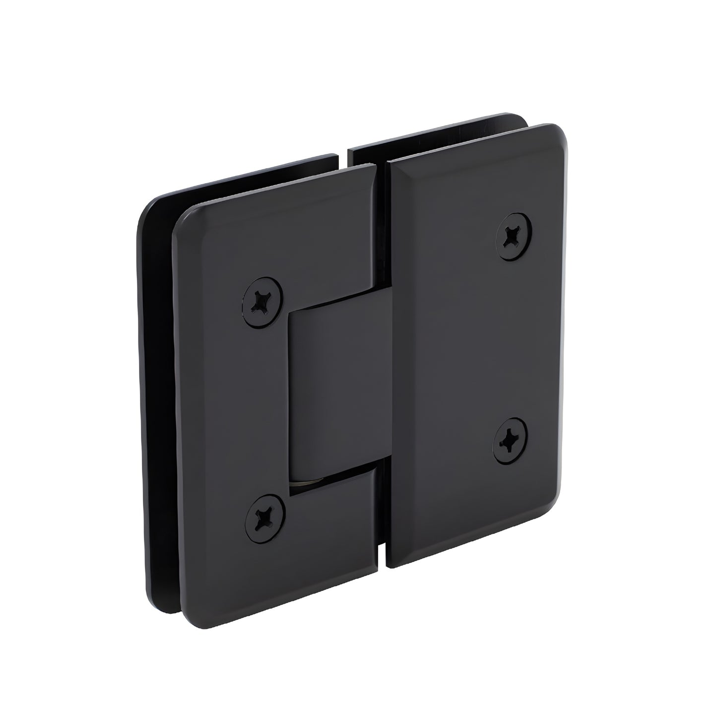 Matte black Cologne 180 glass-to-glass shower hinge, brass with beveled edges and rounded corners, fits 3/8-1/2" glass.