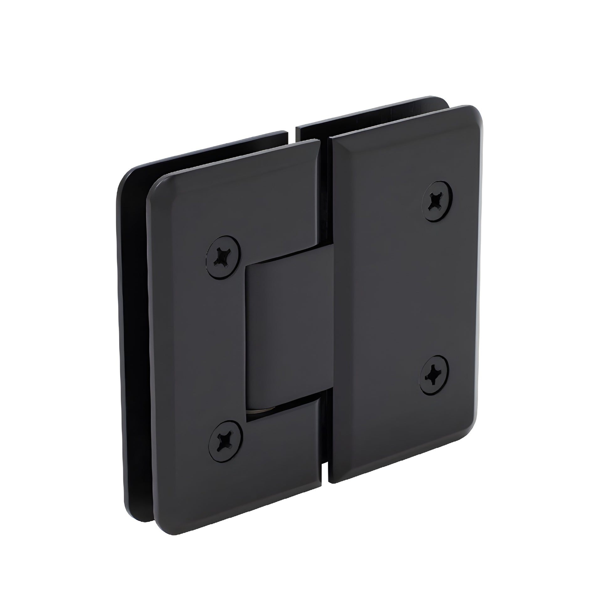 Matte black Cologne 180 glass-to-glass shower hinge, brass with beveled edges and rounded corners, fits 3/8-1/2" glass.
