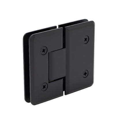 Matte black Cologne 180 glass-to-glass shower hinge, brass with beveled edges and rounded corners, fits 3/8-1/2" glass.
