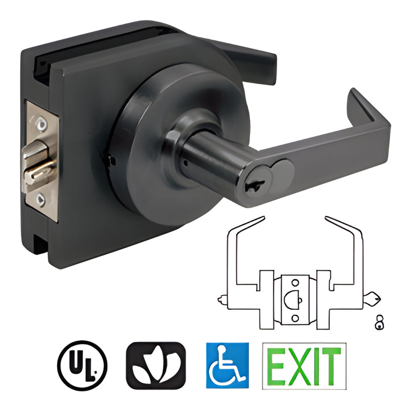 Matte black round lever lock housing for 3/8-1/2" glass doors, low-profile reversible LH52MBL with included strike.