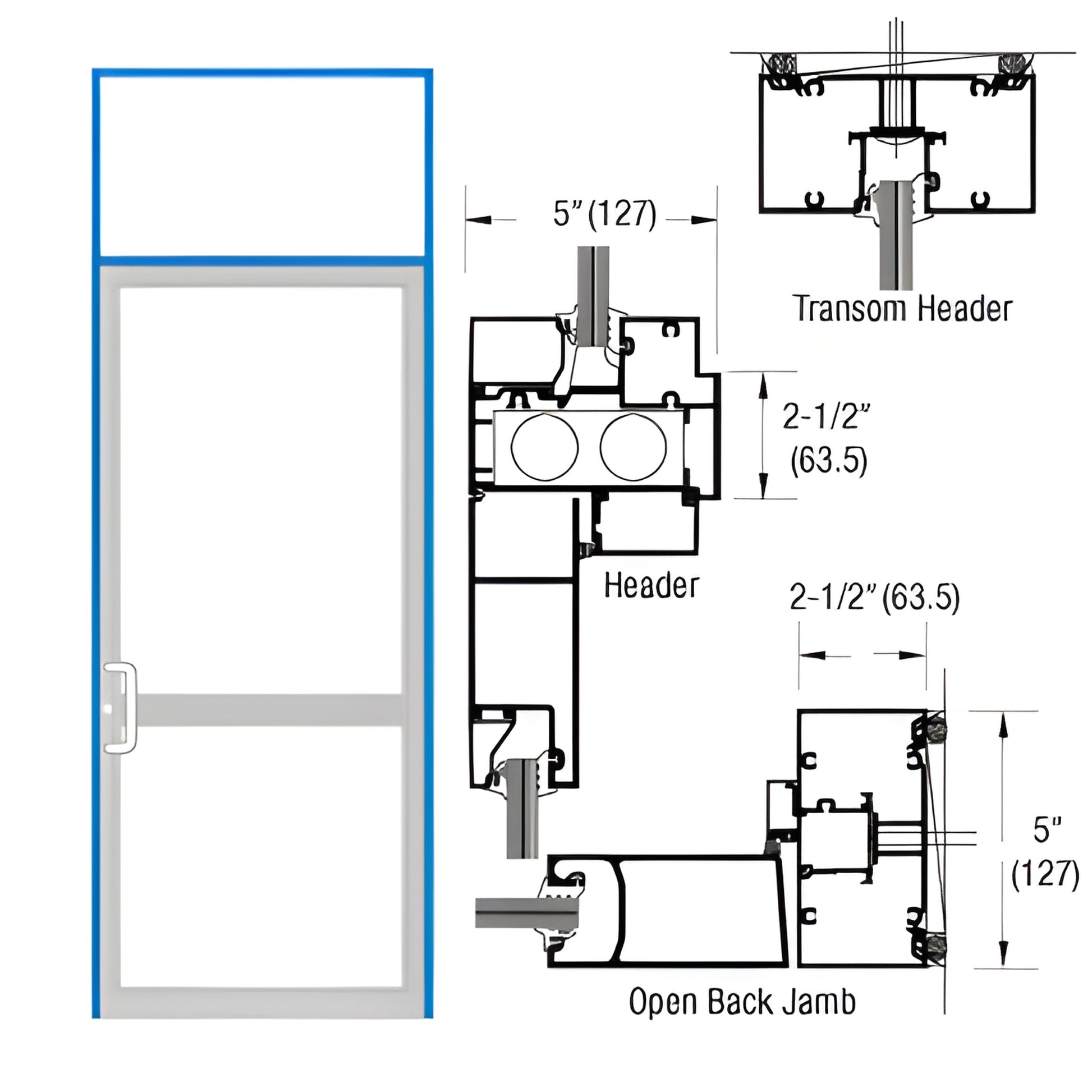 Custom Kynar transom door frame (SKU 0P61971) schematic for geared-hinge hurricane impact door, shows 21 2" and 5" dims.