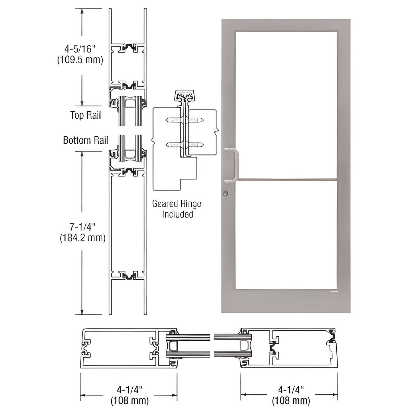Clear anodized medium-stile commercial entrance door, 4-1/4 stiles, 7-1/4 bottom rail, geared hinge - SKU 1D41811