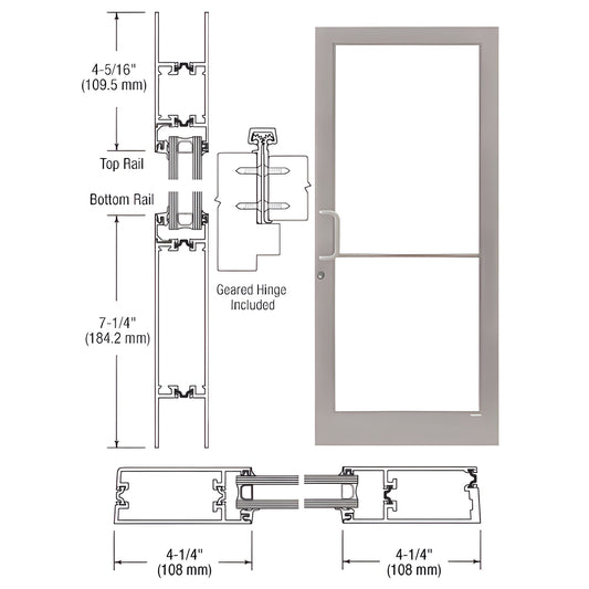 Clear anodized medium-stile commercial entrance door, 4-1/4 stiles, 7-1/4 bottom rail, geared hinge - SKU 1D41811