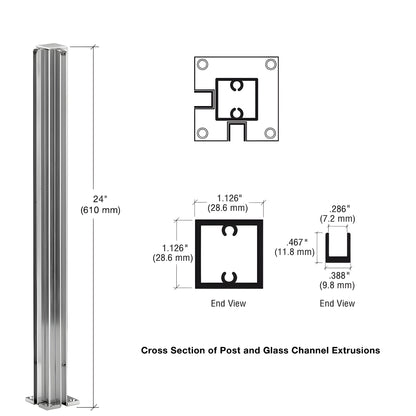 24" bright anodized aluminum 90 corner partition post with square base and U-channel glazing for 1/4" glass (SKU D990BA24CR)