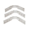 Three silver L-shaped electrical connector brackets (busbar straps) with three bolt holes each, stacked on white background.