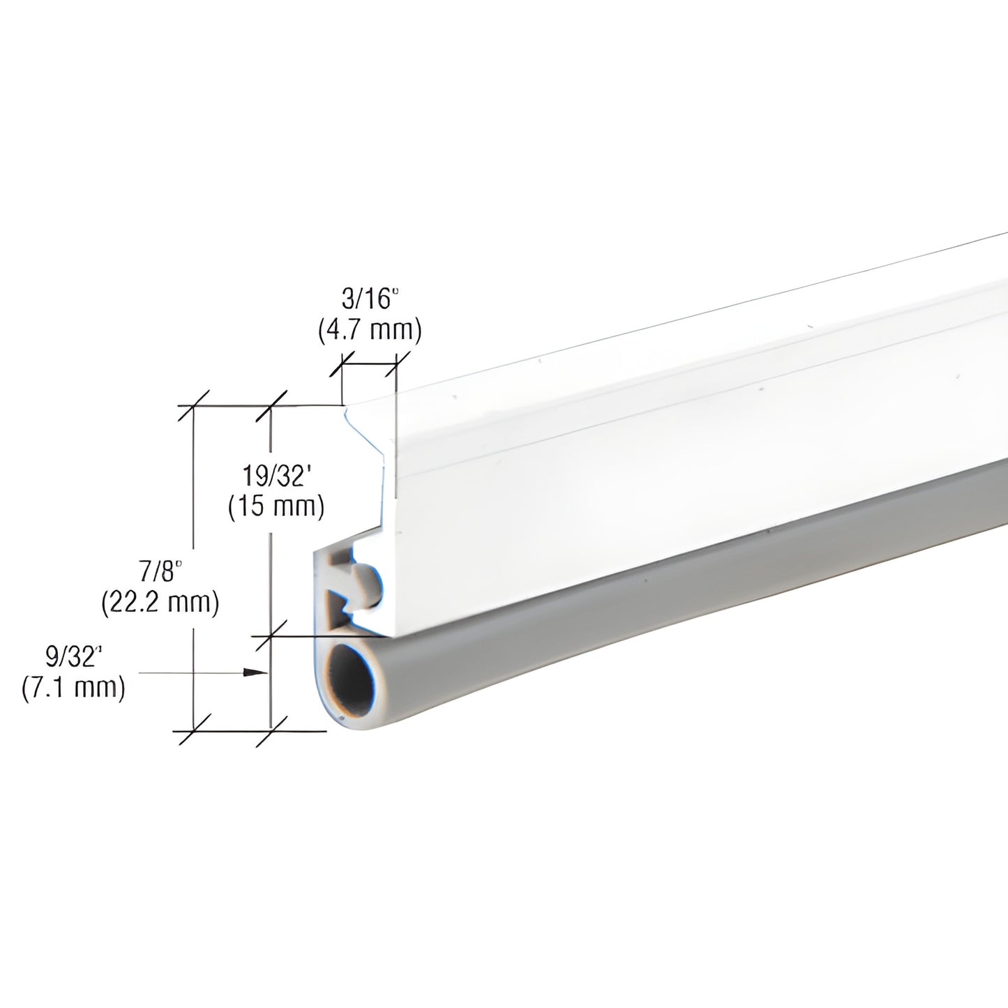 DW950W white aluminum door jamb weatherstrip with gray vinyl bulb seal, extruded profile and measurements shown