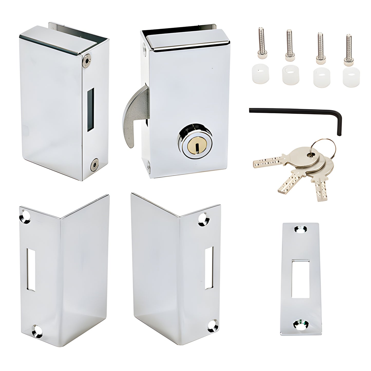 Polished stainless frameless glass sliding door lock kit SGDLPSR with keys and mounting hardware.