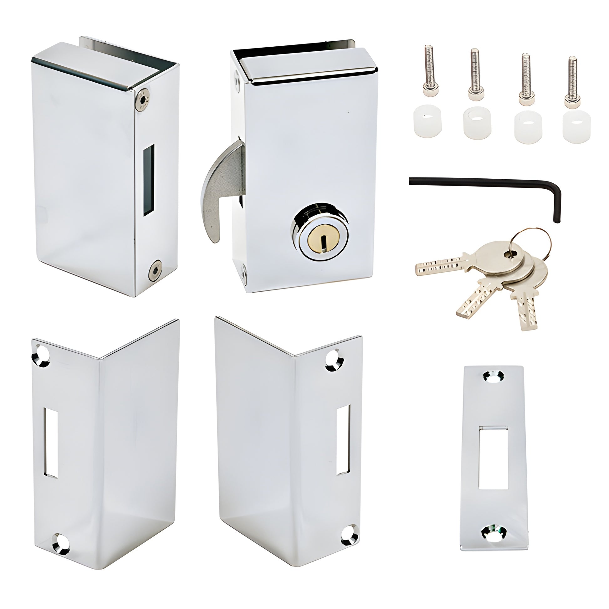 Polished stainless frameless glass sliding door lock kit SGDLPSR with keys and mounting hardware.