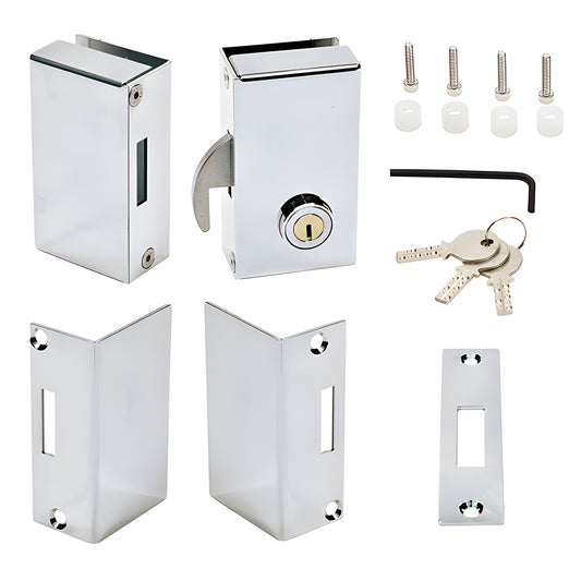 Polished stainless frameless glass sliding door lock kit SGDLPSR with keys and mounting hardware.