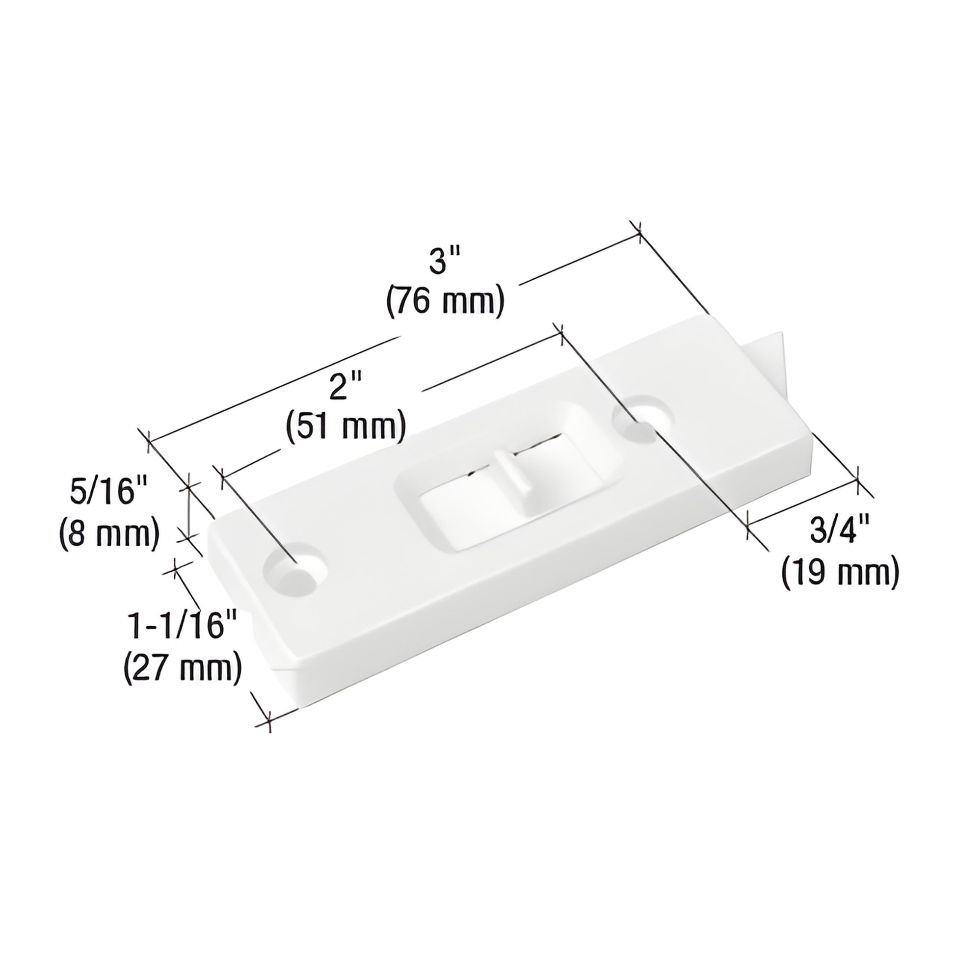 White plastic spring-loaded tilt window latch, 3" long, fits single/double-hung windows, includes left/right, SKU F2598.