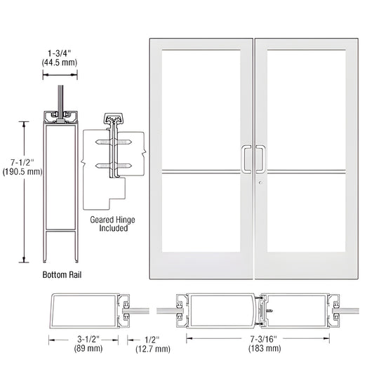 HE42852 white Kynar custom medium-stile commercial double entrance door, fits 1/4" tempered glass