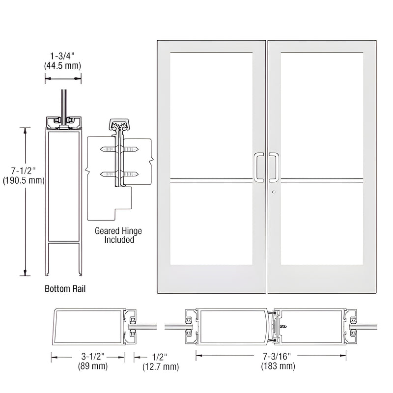 HE42852 white Kynar custom medium-stile commercial double entrance door, fits 1/4" tempered glass