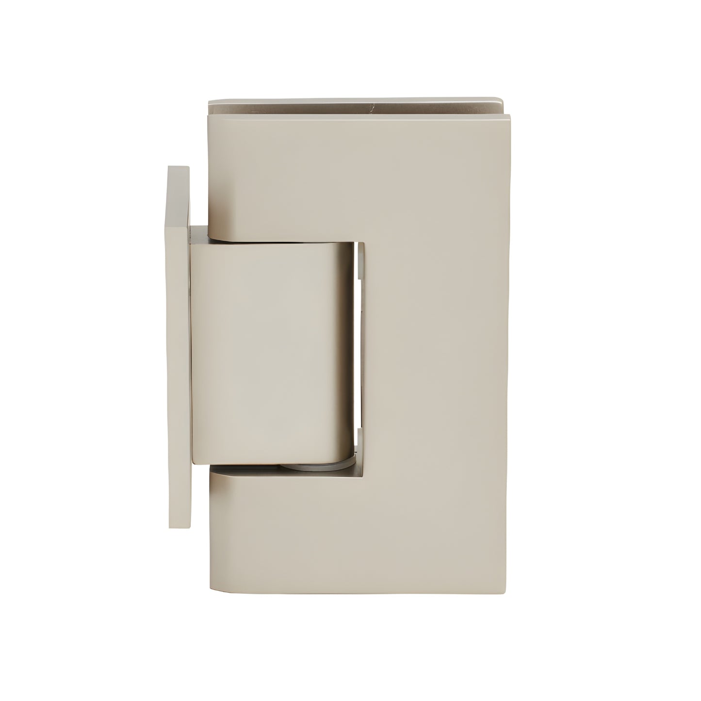 Satin nickel Geneva shower door hinge, short wall-mount back plate for 8-12mm tempered glass, solid brass.