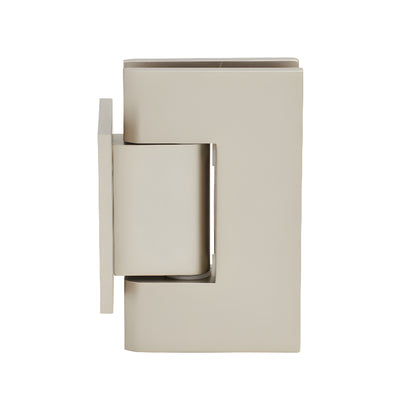 Satin nickel Geneva shower door hinge, short wall-mount back plate for 8-12mm tempered glass, solid brass.