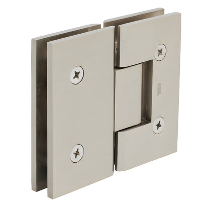 V1E780BN brushed nickel Vienna positive-close glass-to-glass shower hinge, square brass.