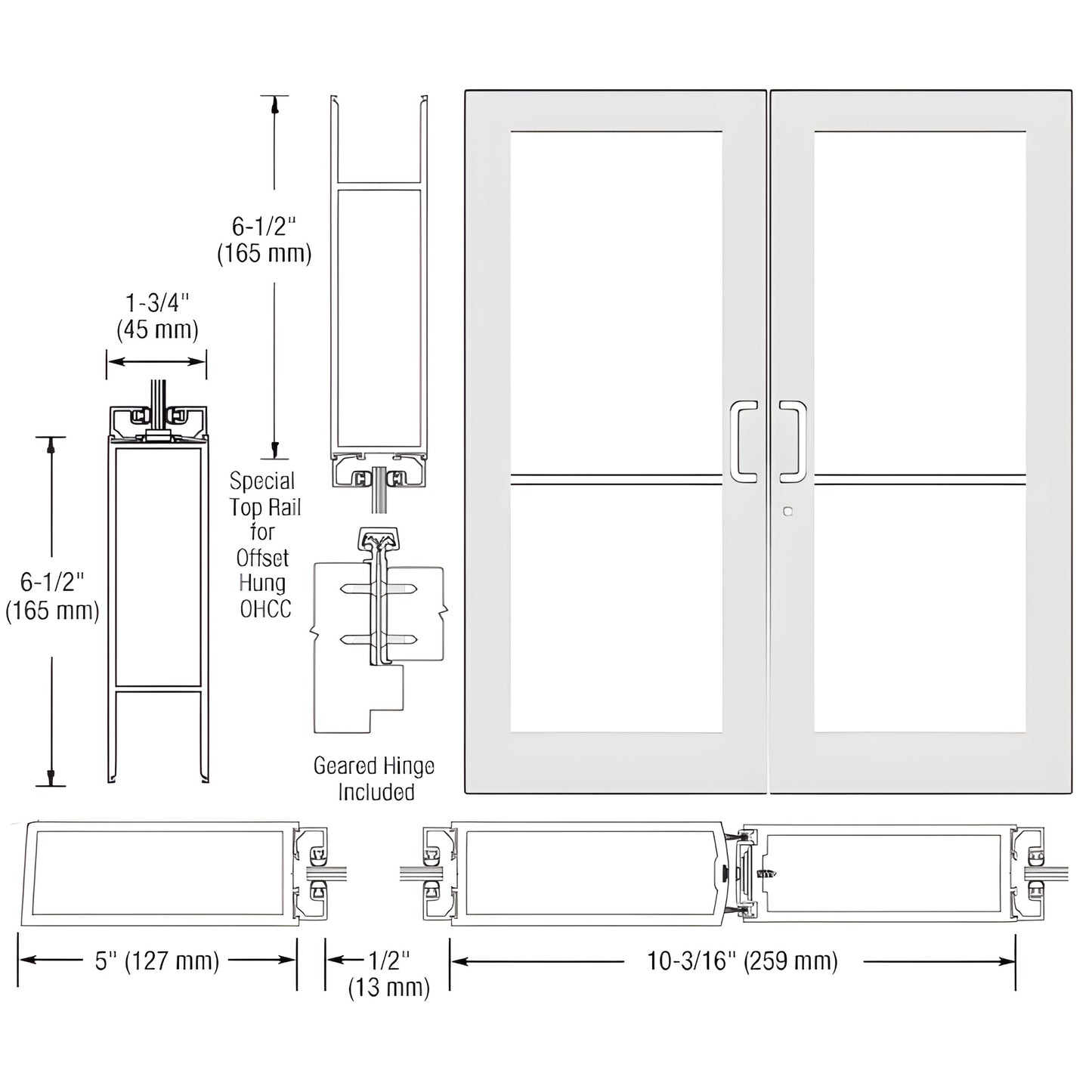 Double white Kynar commercial wide-stile entrance door (SKU DC52952) with glass panels, 5" stiles, geared hinge-ready.