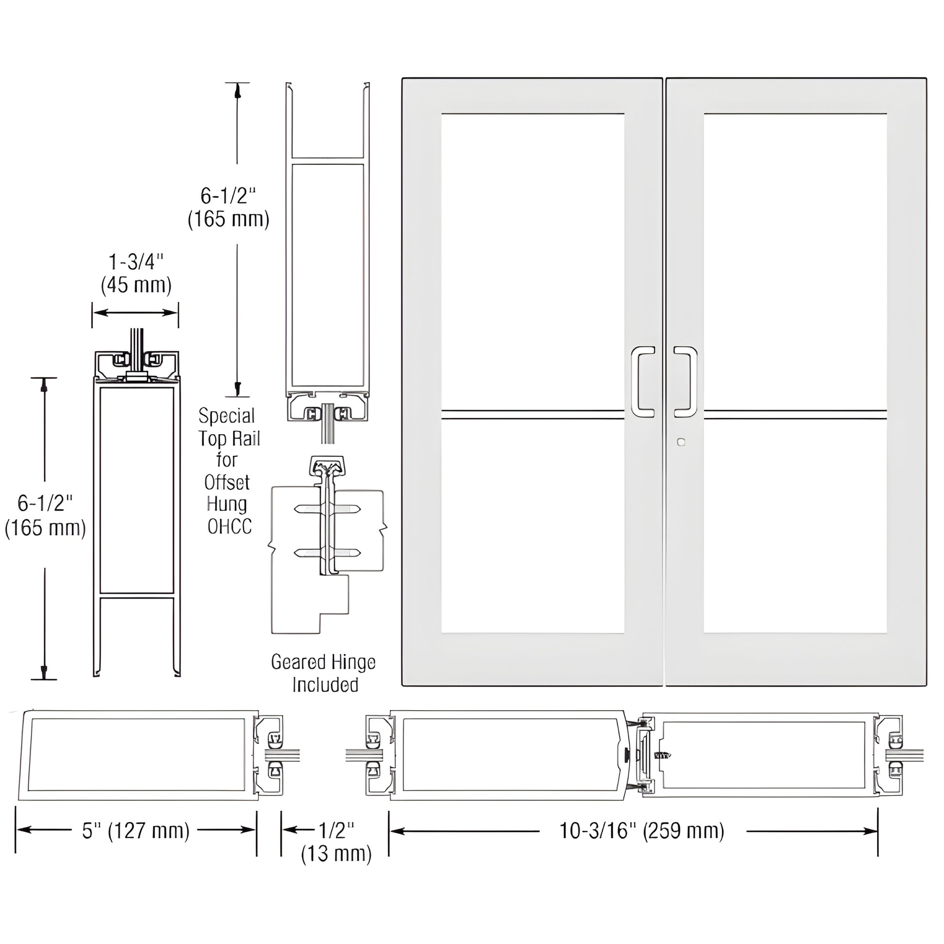 Double white Kynar commercial wide-stile entrance door (SKU DC52952) with glass panels, 5" stiles, geared hinge-ready.