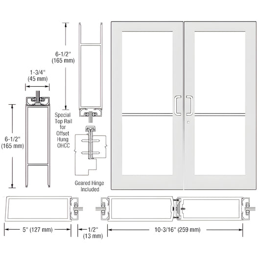 Double white Kynar commercial wide-stile entrance door (SKU DC52952) with glass panels, 5" stiles, geared hinge-ready.