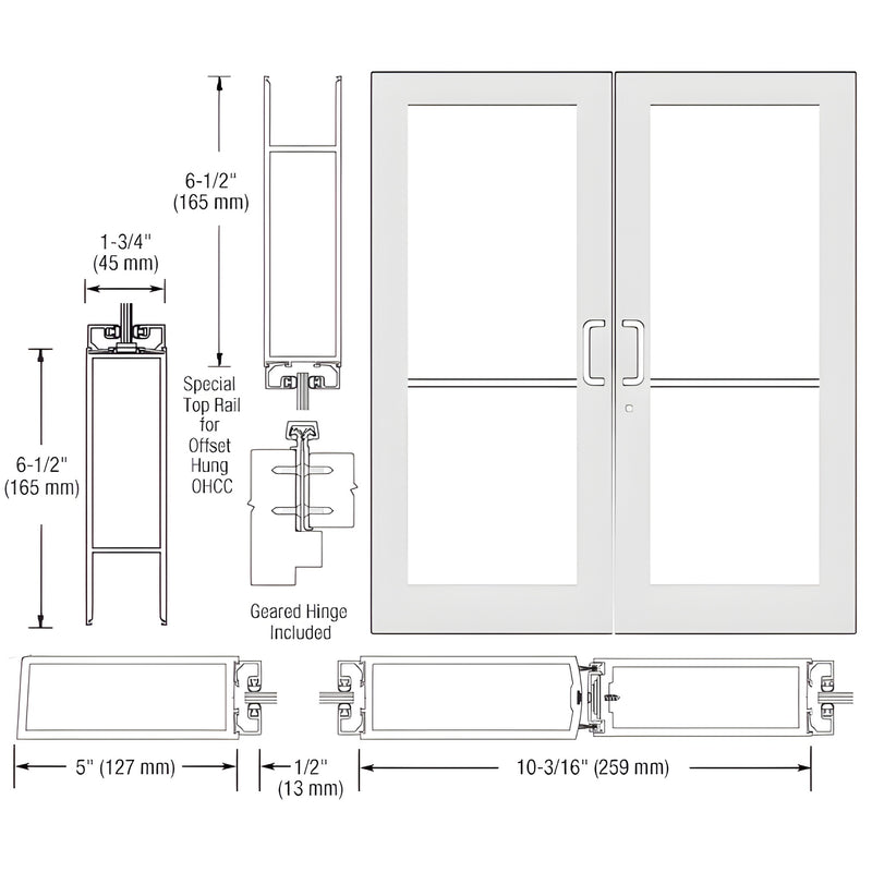 Double white Kynar commercial wide-stile entrance door (SKU DC52952) with glass panels, 5" stiles, geared hinge-ready.
