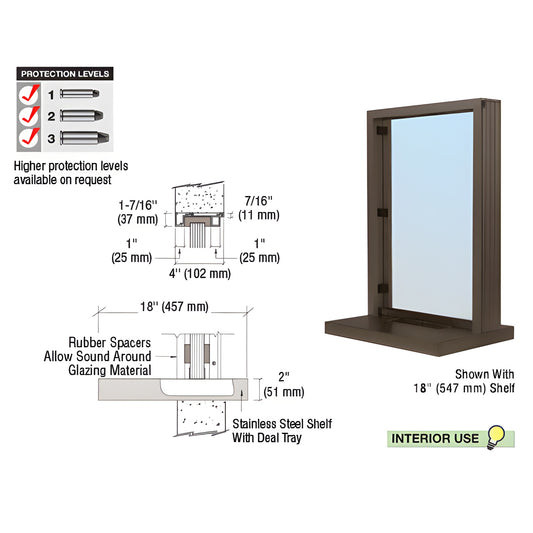 N11W18DU narrow inset aluminum frame window, bronze finish, glazed single-lite, 18" stainless steel shelf with bullet-resista