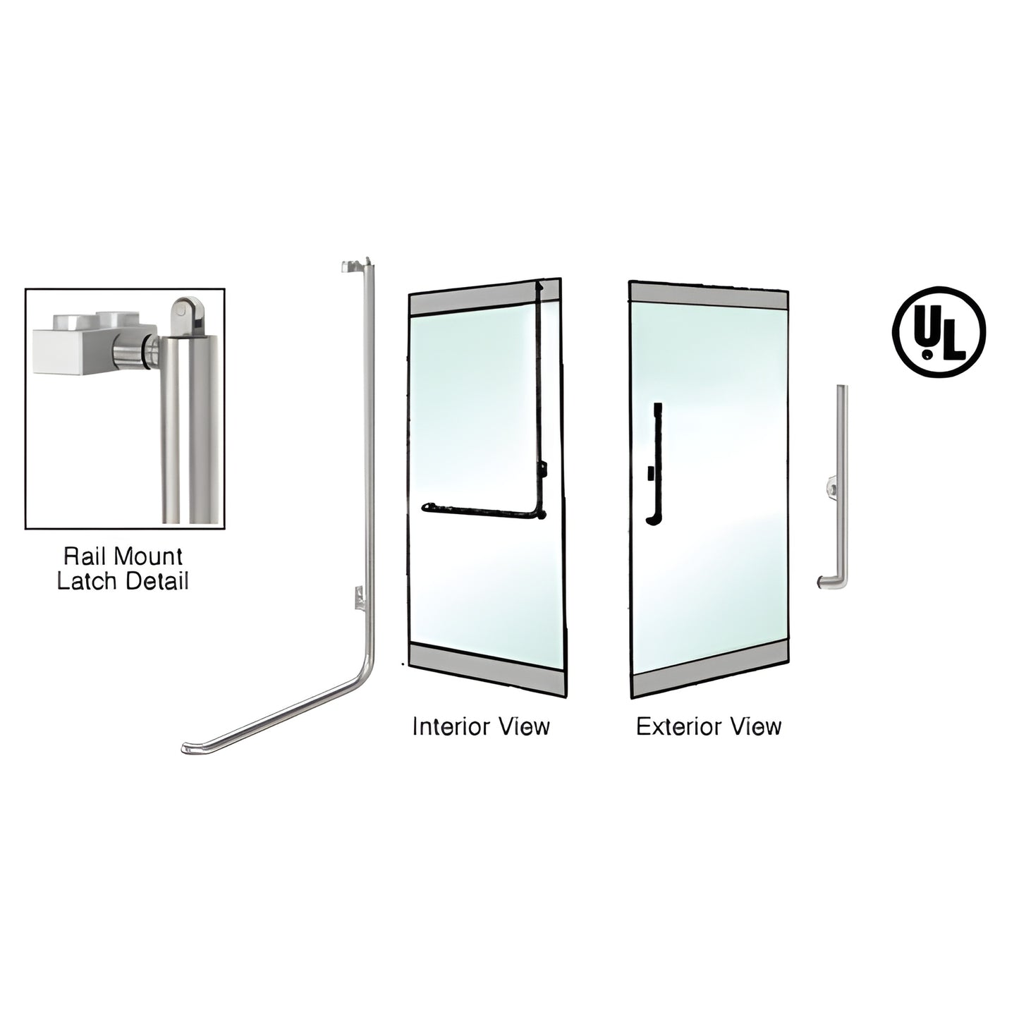PA100H3RKBS brushed stainless panic rail-mount handle for 1/2-3/4" tempered glass doors, ADA-compliant, right-hand reverse