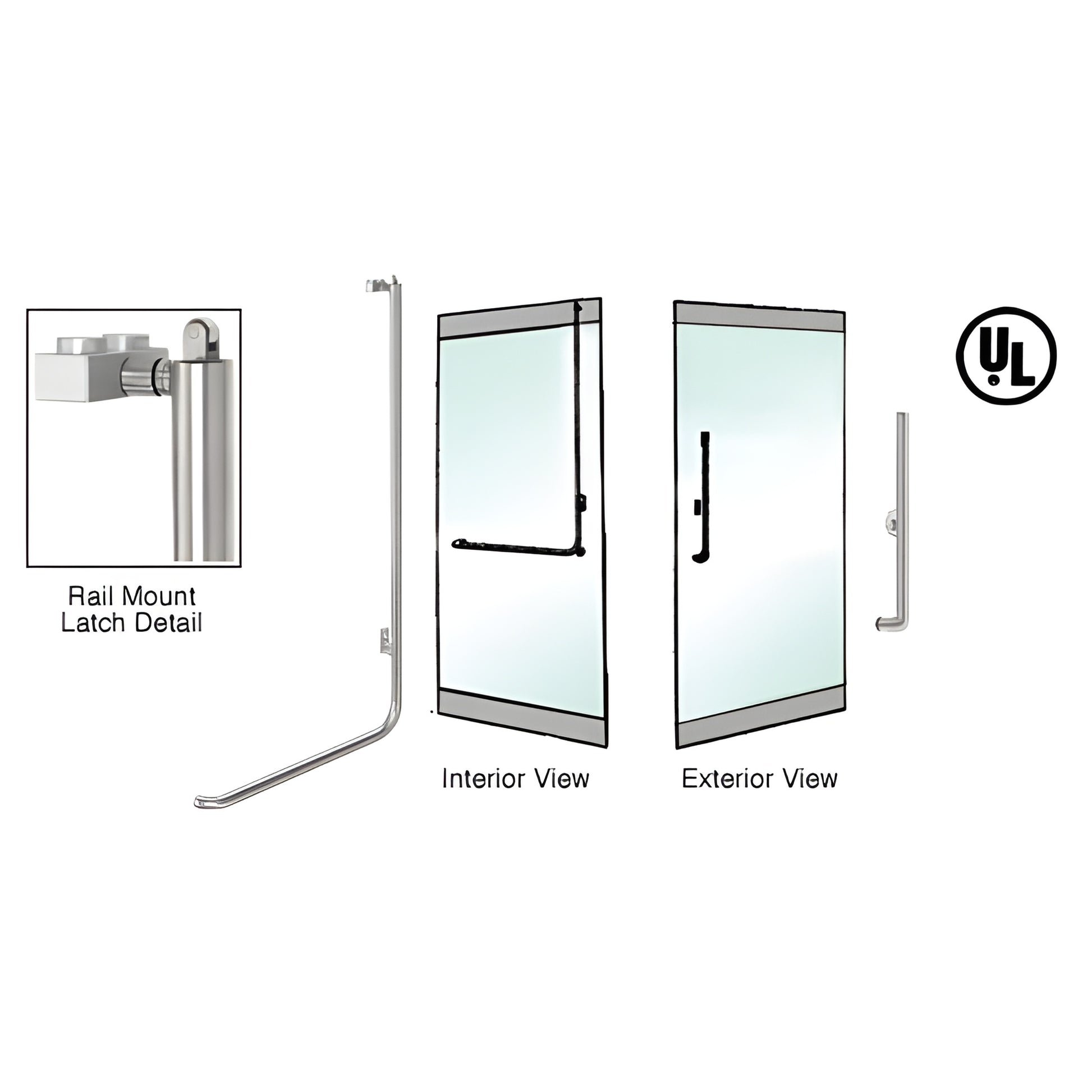 PA100H3RKBS brushed stainless panic rail-mount handle for 1/2-3/4" tempered glass doors, ADA-compliant, right-hand reverse