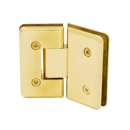 Polished brass beveled 135 glass-to-glass shower hinge (SKU C0L045BR) for 3/8-1/2" tempered glass