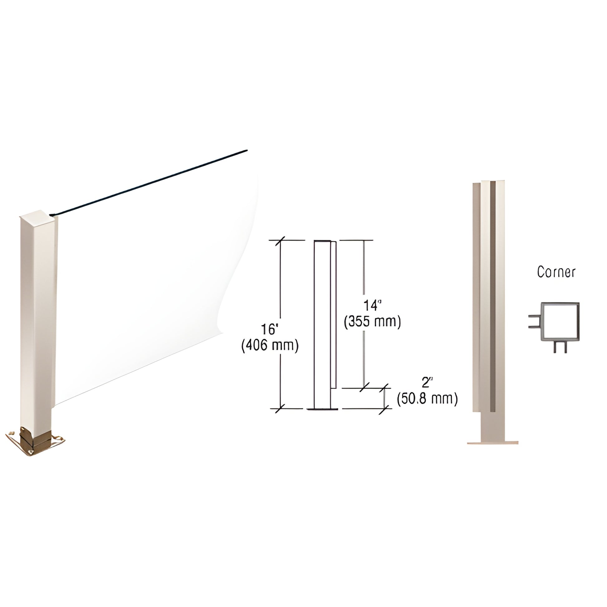 PP41LPS stainless steel 16in square corner glass post with full-length U-channel for 1/4in glass, flat cap and welded base