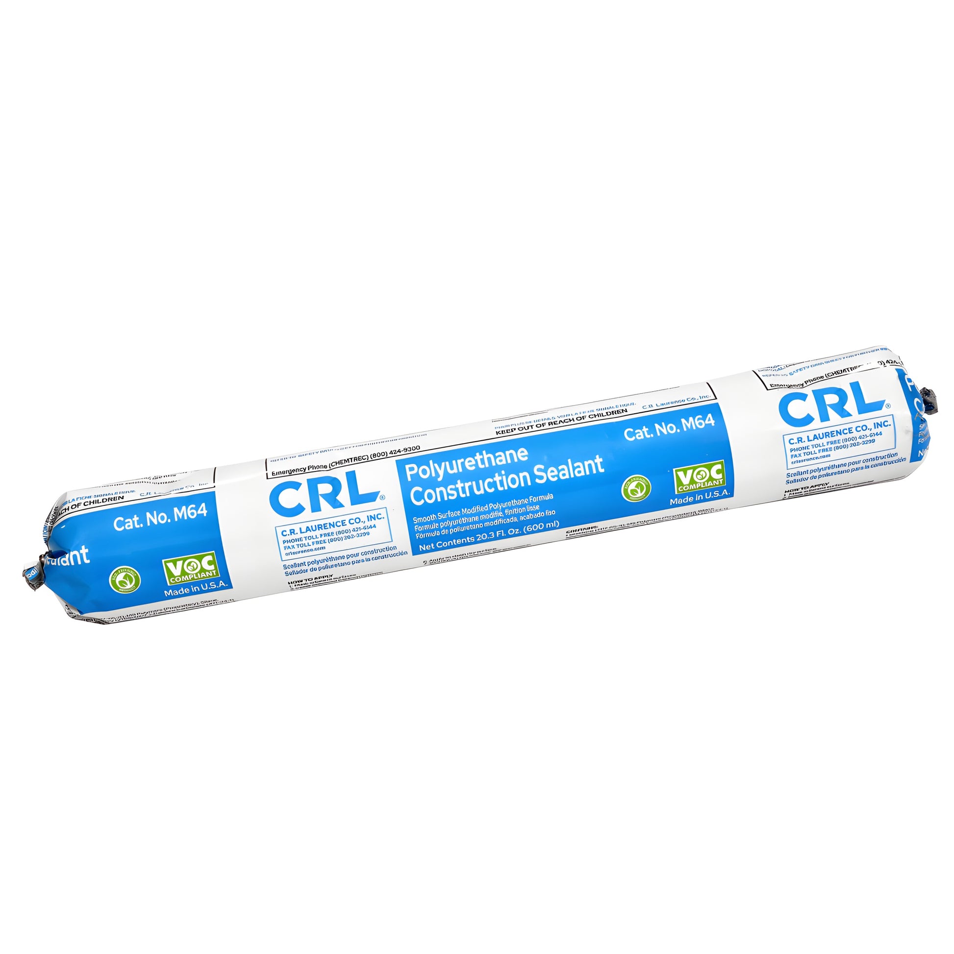 CRL M64 polyurethane construction sealant sausage, white 20.3 oz (600 ml), VOC-compliant, Cat. No. M64, SKU M64S0FW
