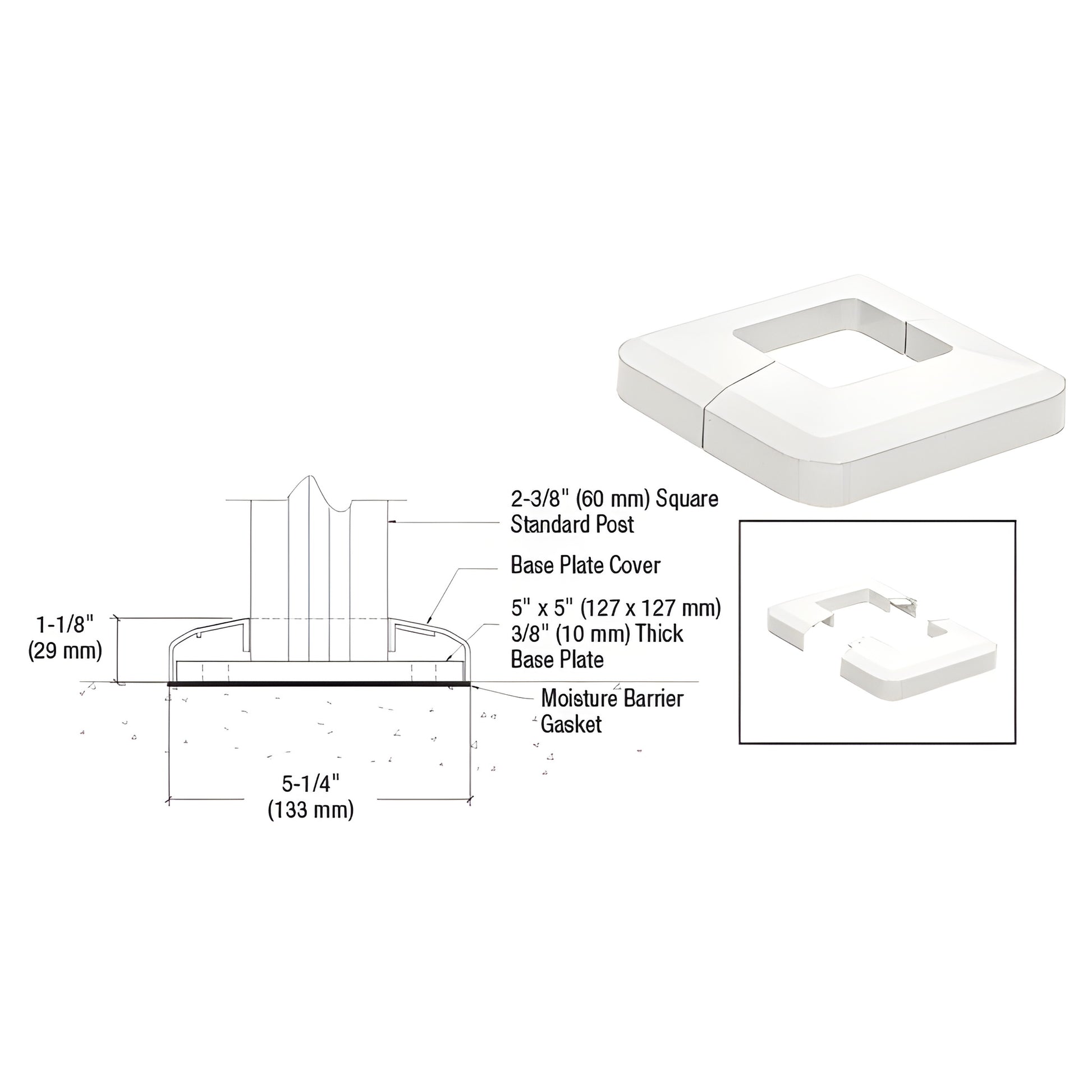 CVR5W Sky White aluminum 5" square base plate cover for 2-3/8" (60mm) square posts, two-piece design.