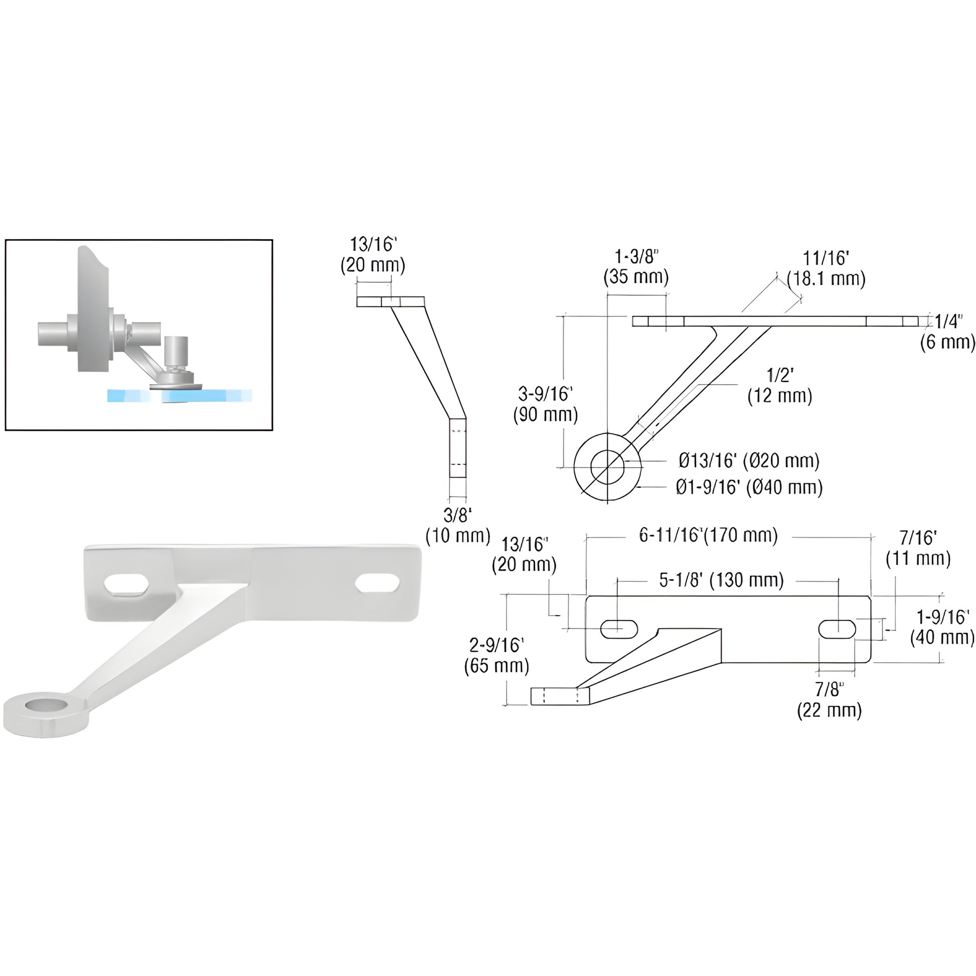 FMR1RHPS stainless steel glass-to-wall standoff bracket, angled arm with round stud hole and mounting plate.