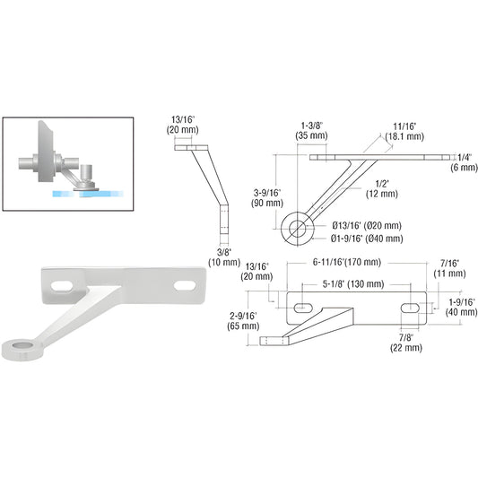 FMR1RHPS stainless steel glass-to-wall standoff bracket, angled arm with round stud hole and mounting plate.
