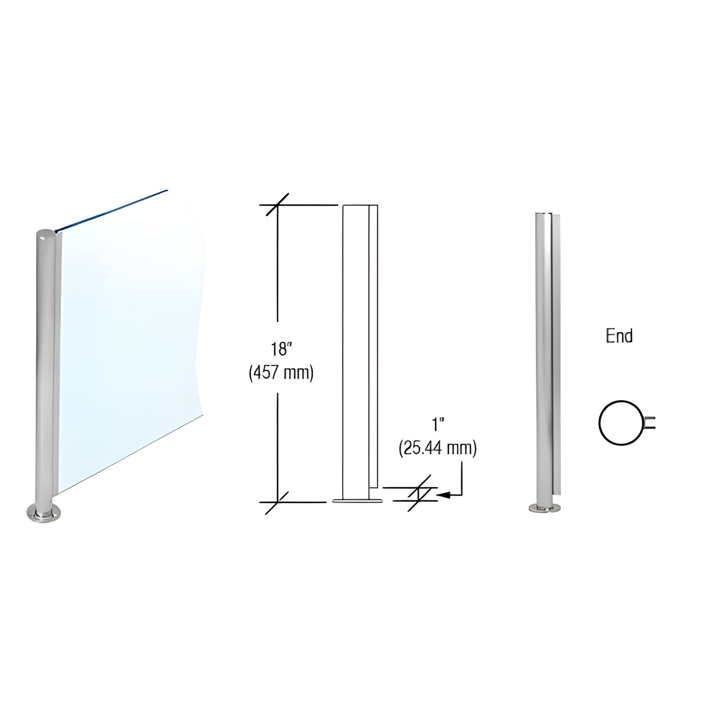 SBPP08EBS 18" brushed stainless round partition post with welded round base and U-channel for 1/4" glass, 1" air gap.