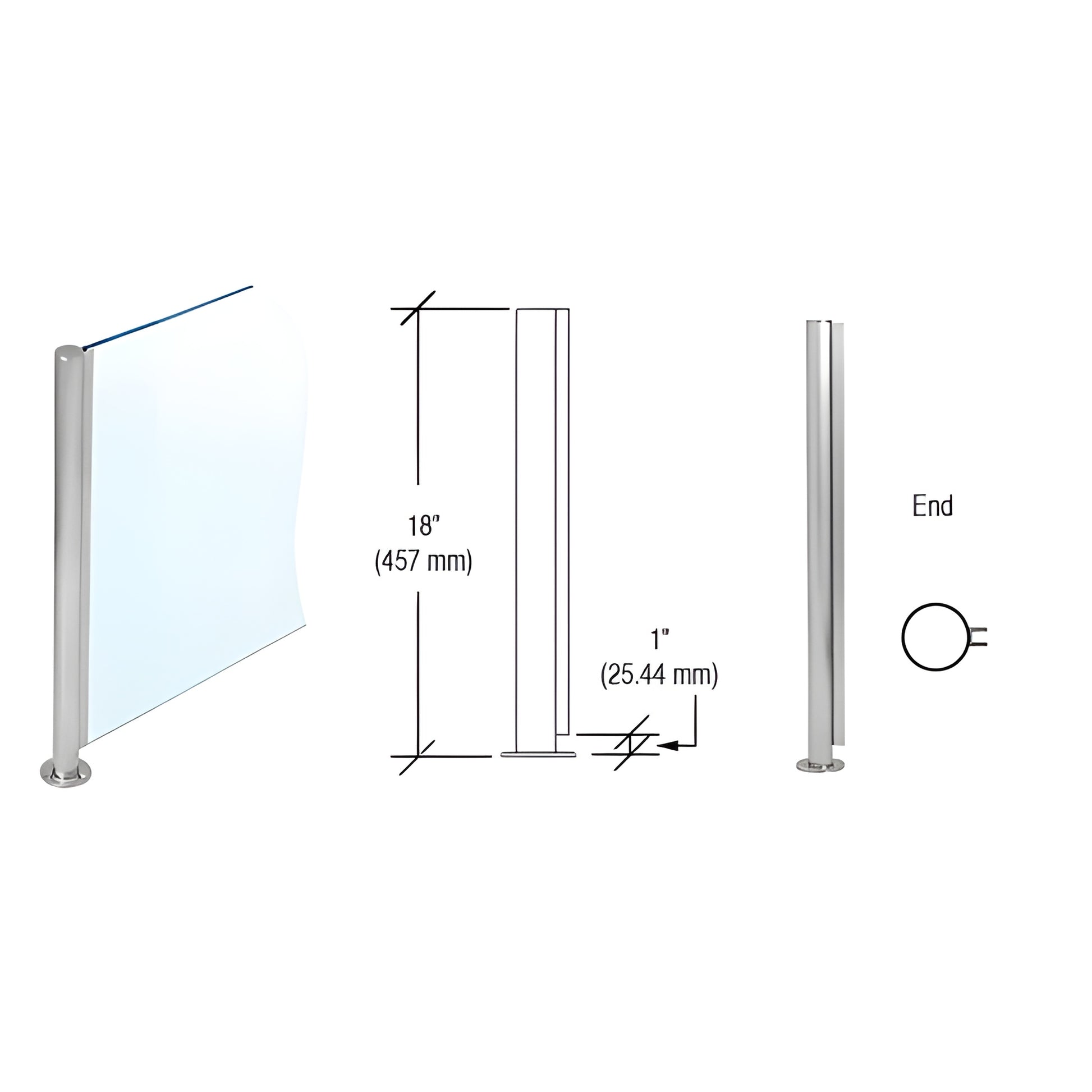 SBPP08EBS 18" brushed stainless round partition post with welded round base and U-channel for 1/4" glass, 1" air gap.