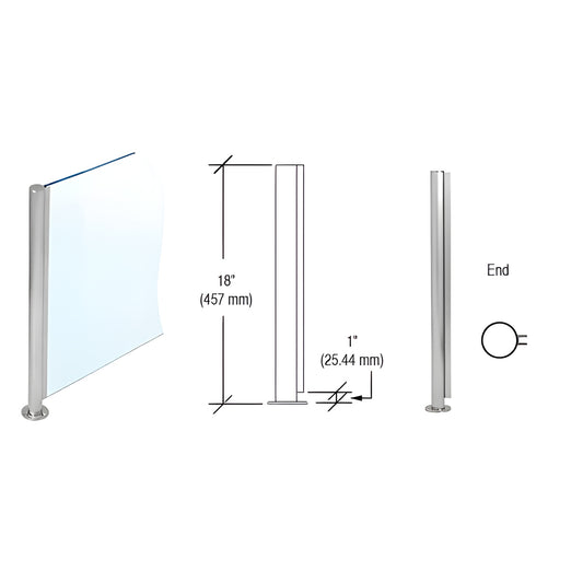SBPP08EBS 18" brushed stainless round partition post with welded round base and U-channel for 1/4" glass, 1" air gap.