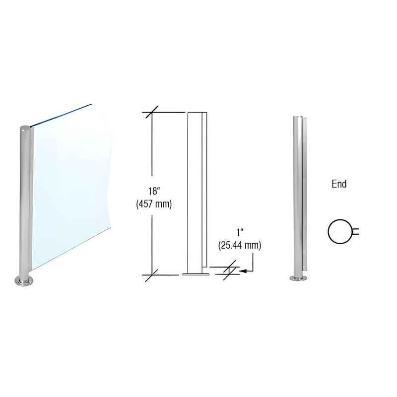 SBPP08EBS 18" brushed stainless round partition post with welded round base and U-channel for 1/4" glass, 1" air gap.