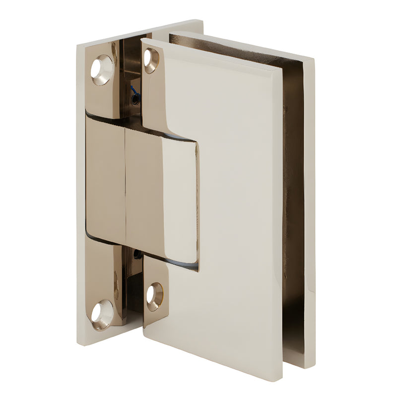 VCT037PN polished nickel solid-brass frameless shower door hinge, wall-mount, self-centering, supports up to 140 lb glass