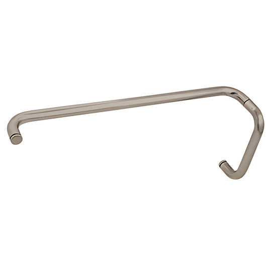 Brushed nickel tubular brass shower pull and towel bar combo (8" pull, 22" bar) for glass doors - SKU BMNW8X22BN