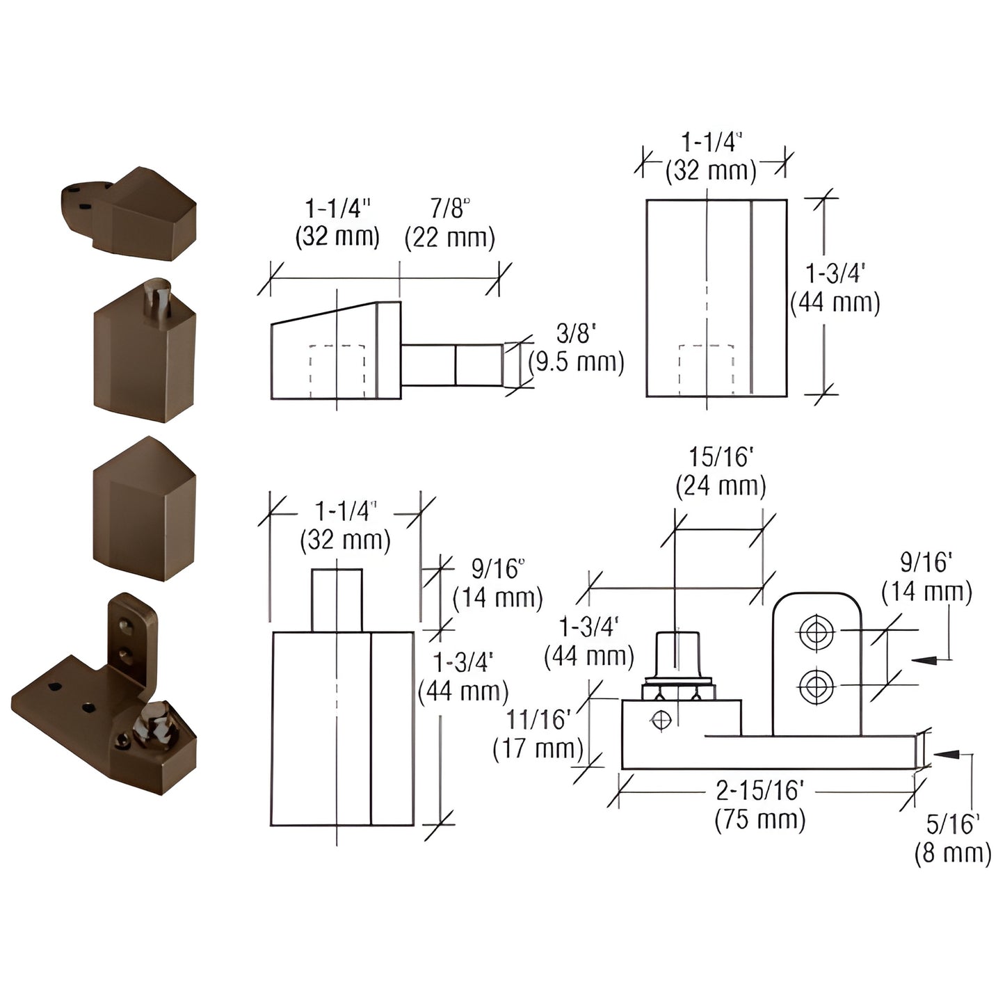 Dark bronze CRL offset pivot set (SKU 0P30LHDU) for aluminum doors; components and dimensional drawing, fits up to 125 lb.
