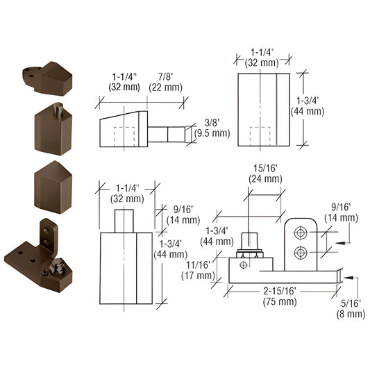 Dark bronze CRL offset pivot set (SKU 0P30LHDU) for aluminum doors; components and dimensional drawing, fits up to 125 lb.