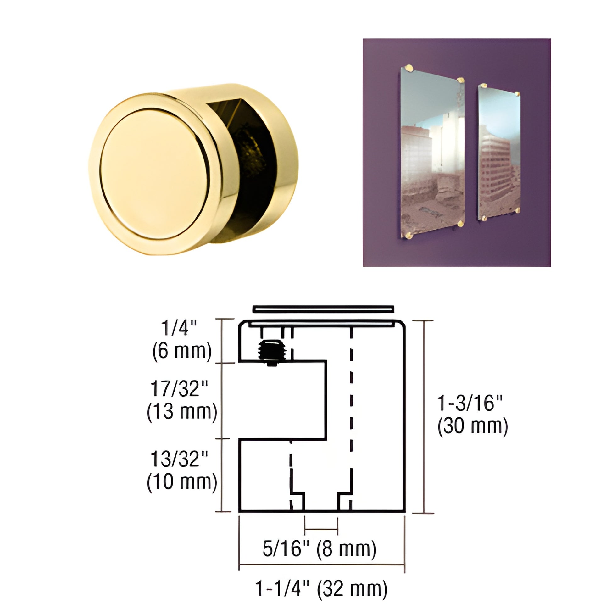 Polished brass 1-1/4 in EG12BR edge grip for 1/2 in panels - round no-drill mounting hardware with diagram and install photo